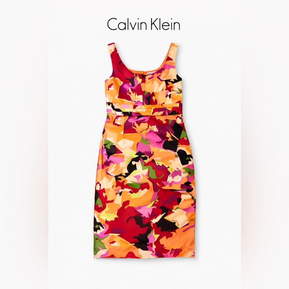 Calvin Klein Abstract Floral Sheath Dress Pink Orange Red Size 6